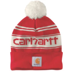 Carhartt KNIT POM POM CUFFED LOGO BEANIE Red/Winter White
